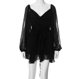 Mesh Long Sleeve Bandage Backless Mini Dress GSZM-D24DS067