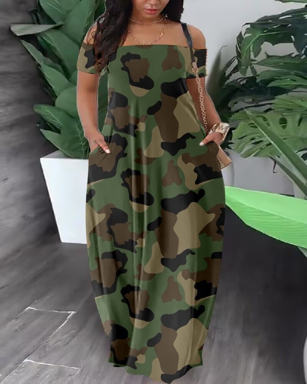 Casual Print Off Shoulder Maxi Dress GSRX-9059