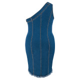 Plus Size Sleeveless Slash Neck Denim Mini Dress GDAM-218396