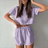 Solid Color Short Sleeve Loose 2 Piece Shorts Set GSMU-23525MH