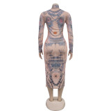 Sexy Print Long Sleeve Slim Maxi Dress BY-6936