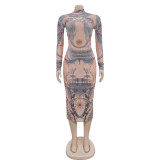 Sexy Print Long Sleeve Slim Maxi Dress BY-6936