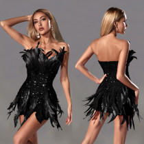 Feather Sequin Tube Tops Slim Mini Dress BY-6925