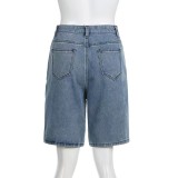 Loose Color-blocked Pentagram Splicing Denim Mid Pants GQLF-8090