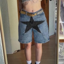Loose Color-blocked Pentagram Splicing Denim Mid Pants GQLF-8090