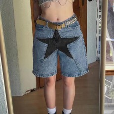 Loose Color-blocked Pentagram Splicing Denim Mid Pants GQLF-8090