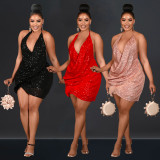 Sexy Sequin Halter Backless Mini Dress BY-6905