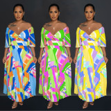Print Backless Press Pleated Maxi Dress BY-6879