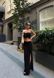 Knits Solid Color Wrap Chest Two Piece Skirts Set MDF-5502