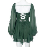 Mesh Long Sleeve Bandage Backless Mini Dress GSZM-D24DS067