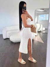 Knits Solid Color Wrap Chest Two Piece Skirts Set MDF-5502