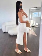 Knits Solid Color Wrap Chest Two Piece Skirts Set MDF-5502
