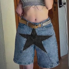 Loose Color-blocked Pentagram Splicing Denim Mid Pants GQLF-8090