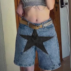 Loose Color-blocked Pentagram Splicing Denim Mid Pants GQLF-8090