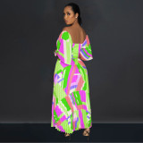 Print Backless Press Pleated Maxi Dress BY-6879