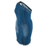 Plus Size Sleeveless Slash Neck Denim Mini Dress GDAM-218396