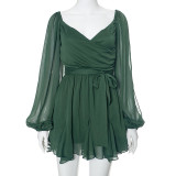 Mesh Long Sleeve Bandage Backless Mini Dress GSZM-D24DS067