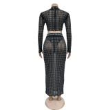 Fashion Solid Hot Drill Mesh Maxi Dress BY-6946