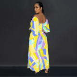 Print Backless Press Pleated Maxi Dress BY-6879