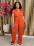 Solid Color Pleated V Neck Two Piece Pants Set AIL-275