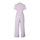 Solid Color Pleated V Neck Two Piece Pants Set AIL-275
