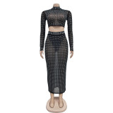 Fashion Solid Hot Drill Mesh Maxi Dress BY-6946