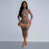 Sexy Print Long Sleeve Slim Maxi Dress BY-6936