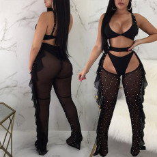 Sexy Mesh Patchwork Tight Two Piece Pants Set BY-2047