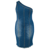 Plus Size Sleeveless Slash Neck Denim Mini Dress GDAM-218396