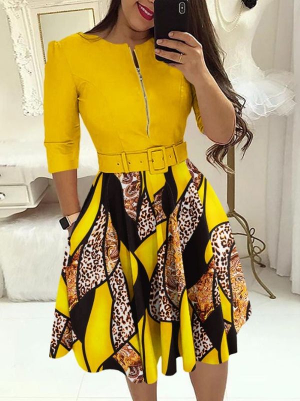 Long Sleeve Contrast Color Slim Midi Dress(With Belt) GSRX-9077
