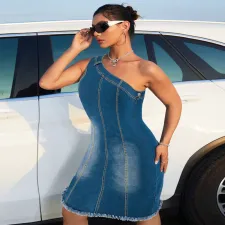 Plus Size Sleeveless Slash Neck Denim Mini Dress GDAM-218396