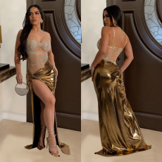 Sexy Hot Drill High Split Maxi Dress BY-6935