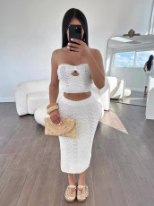 Knits Solid Color Wrap Chest Two Piece Skirts Set MDF-5502