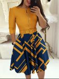 Long Sleeve Contrast Color Slim Midi Dress(With Belt) GSRX-9077