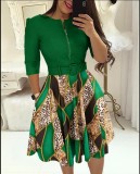 Long Sleeve Contrast Color Slim Midi Dress(With Belt) GSRX-9077