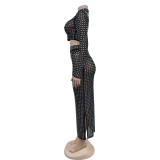 Fashion Solid Hot Drill Mesh Maxi Dress BY-6946