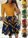 Long Sleeve Contrast Color Slim Midi Dress(With Belt) GSRX-9077