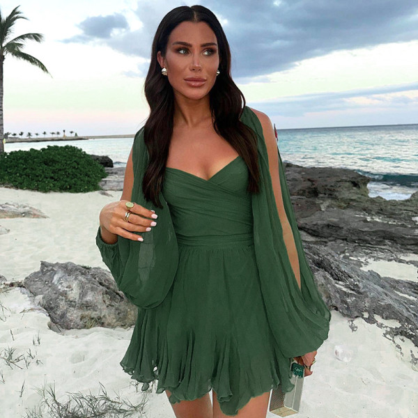 Mesh Long Sleeve Bandage Backless Mini Dress GSZM-D24DS067