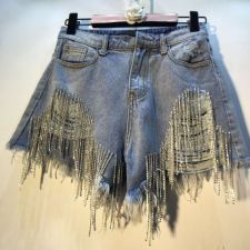 Holes Rhinestone Tassel Chain Denim Shorts LMDF-32305