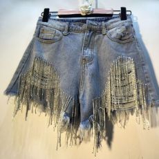 Holes Rhinestone Tassel Chain Denim Shorts LMDF-32305
