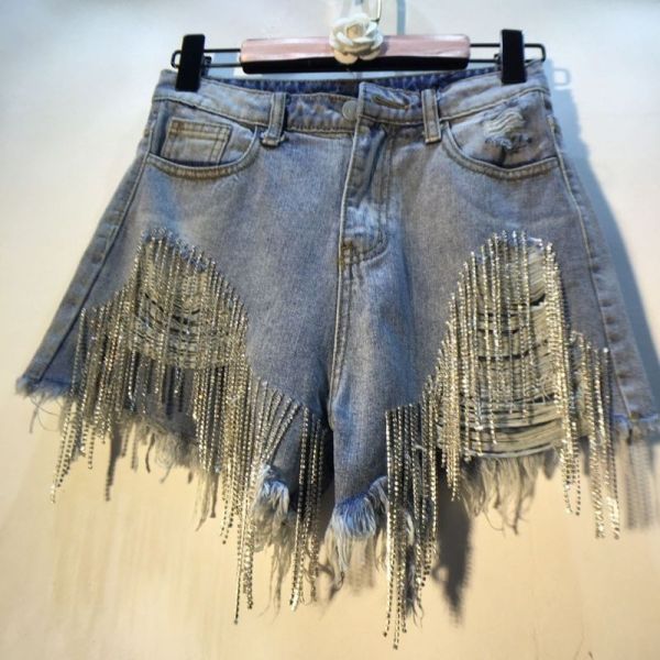 Holes Rhinestone Tassel Chain Denim Shorts LMDF-32305