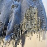 Holes Rhinestone Tassel Chain Denim Shorts LMDF-32305