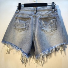 Holes Rhinestone Tassel Chain Denim Shorts LMDF-32305