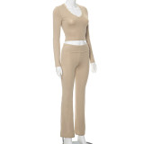 Long Sleeve  V-Neck Lace Short Top Casual Pants Set MXBF-K23ST589