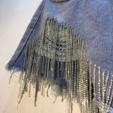Holes Rhinestone Tassel Chain Denim Shorts LMDF-32305
