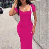 Solid Color Square Neck Slim Midi Dress LM-7216