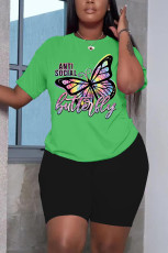 Plus Size Butterfly Print Two Piece Short Set GQF-D3502