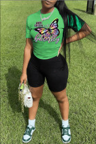 Plus Size Butterfly Print Two Piece Short Set GQF-D3502