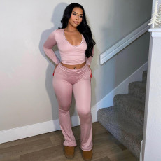 Long Sleeve  V-Neck Lace Short Top Casual Pants Set MXBF-K23ST589