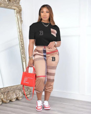 Stripe Plaid Print Casual Two Piece Pants Set OUQF-0271